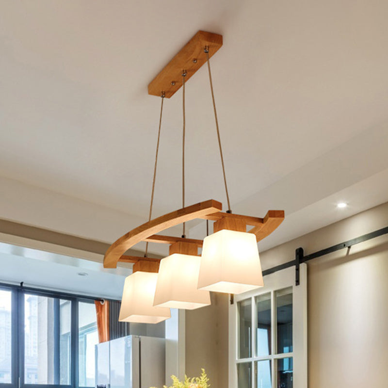 Minimalist White Glass Trapezoid Cluster Pendant With 3 Bulbs - Wood Suspension Lighting For Kitchen