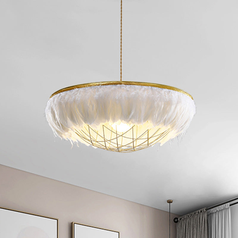 Lustre moderne en plumes blanches - Éclairage vers le bas en cuivre à 2 têtes avec cage métallique, 16"/19,5"/23,5" de large