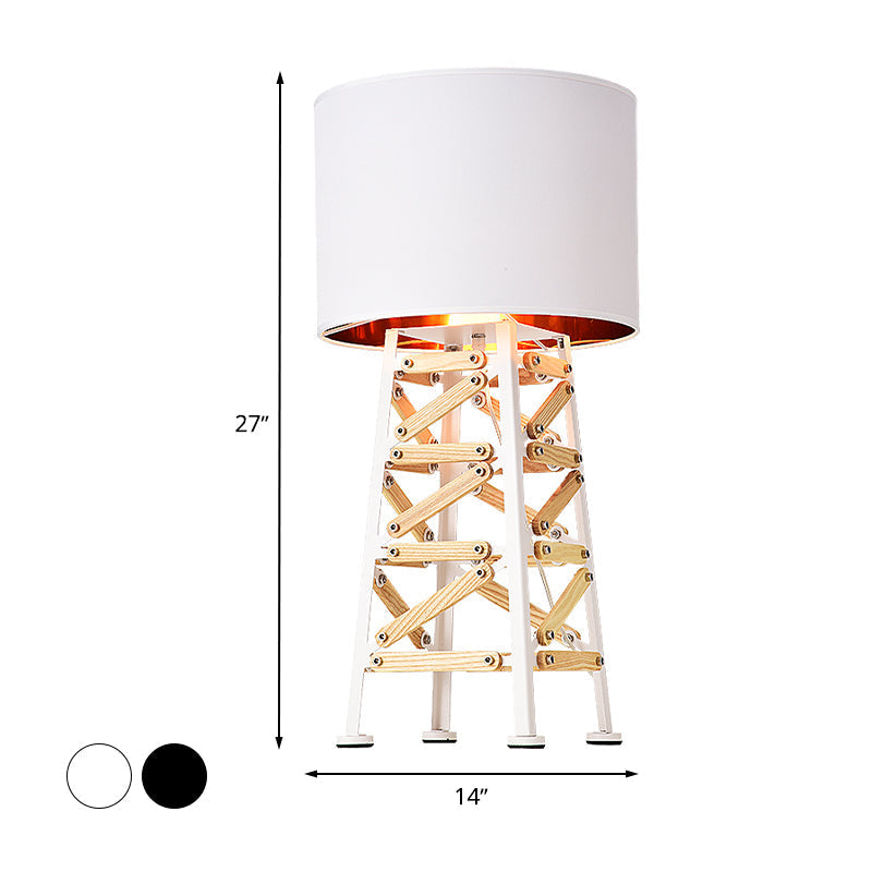 Modernist Tower Nightstand Lamp - 1 Head Metal Light In White/Black With Fabric Shade