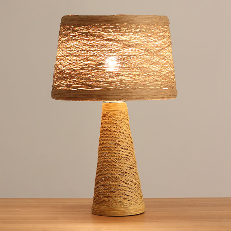 Asian Style Study Room Desk Light: White/Tan Reading Lamp With Rattan Shade Tan