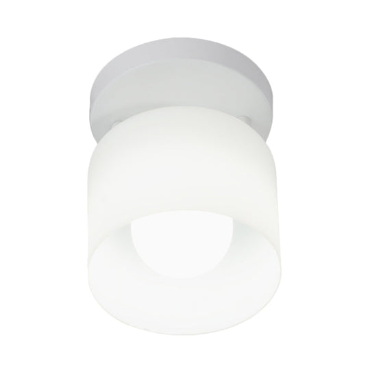 White Glass Cylinder Flush Ceiling Light With Simple Design And 1 Bulb