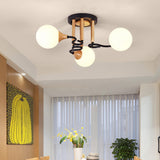 Black & Wood Sphere Semi Flush Mount Light - Modern 3/6 Lights Opal Glass Ceiling Lamp
