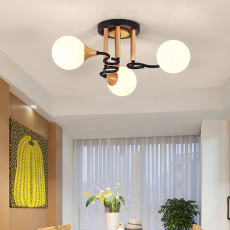 Black & Wood Sphere Semi Flush Mount Light - Modern 3/6 Lights Opal Glass Ceiling Lamp
