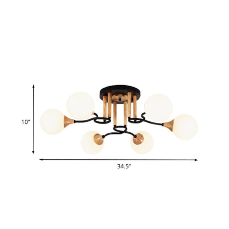 Black & Wood Sphere Semi Flush Mount Light - Modern 3/6 Lights Opal Glass Ceiling Lamp