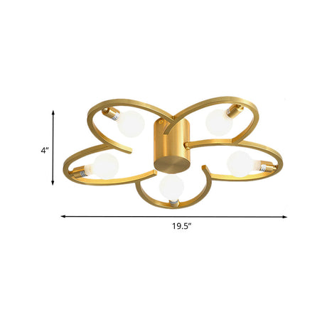 Modern Gold Metallic Flower Semi Flush Mount Ceiling Light With 5/6-Head For Bedrooms