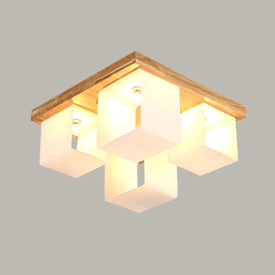 Japanese White Glass Wood Led Flush Ceiling Cube Frame Fixture - 4-Head Mount Lighting