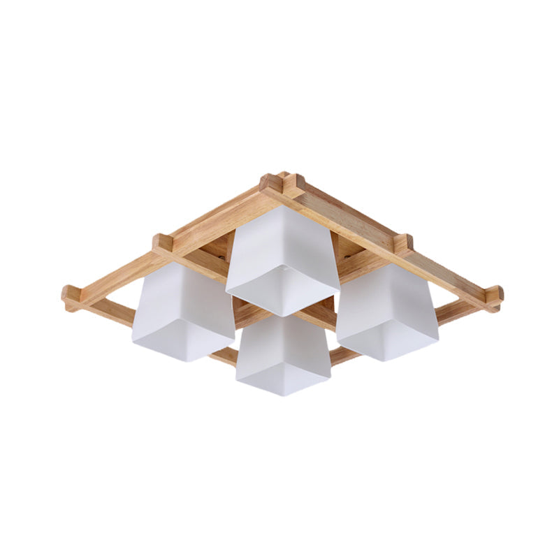 Trapezoid Glass Flush Light: Japanese 4/6-Bulb Ceiling Fixture With Wood Grid Frame