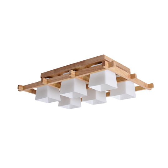 Trapezoid Glass Flush Light: Japanese 4/6-Bulb Ceiling Fixture With Wood Grid Frame