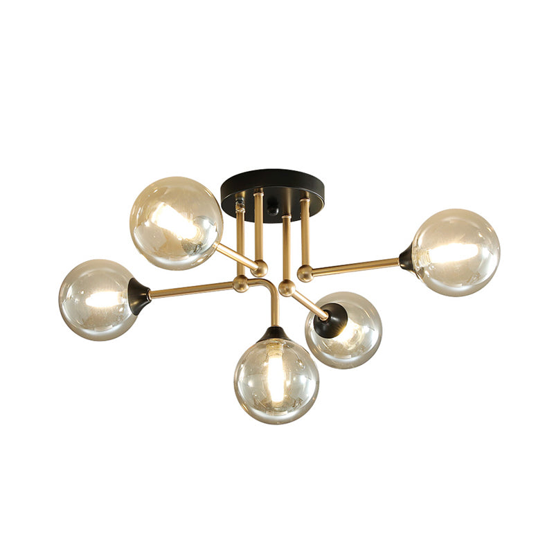 Contemporary 5 - Light Semi Flush Gold/Black Sphere Ceiling Lamp With Clear Glass Shade