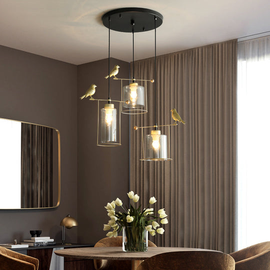 Cylinder Cluster Pendant Dining Room Lamp - Cream/Smoke Gray Glass Modernism Design With Gold Bird