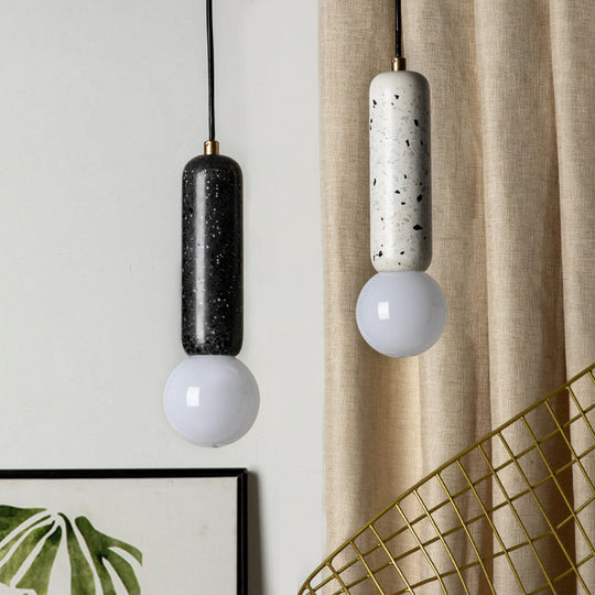 Minimalist Marble Capsule Pendant With Opal Glass Shade - 1 Light Bedside Hanging Lamp In