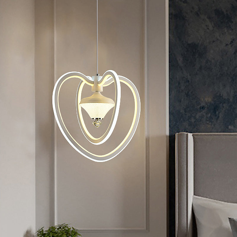 Heart Frame Acrylic Led Pendant Ceiling Light White Hanging With Diamond Accent