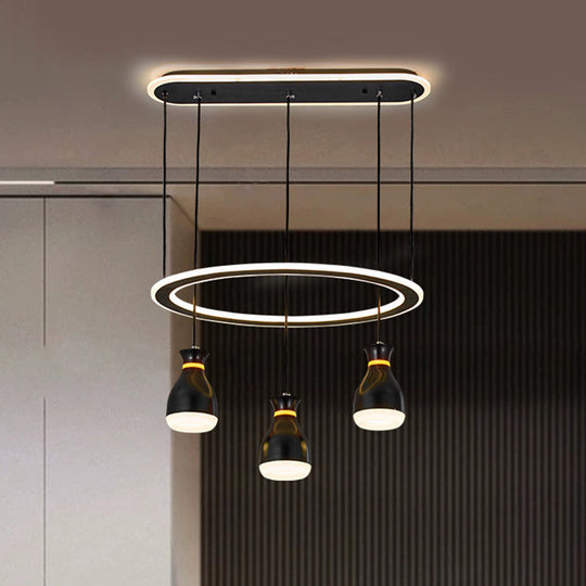 Modernist Wine Jar Led Pendant Light - Black Acrylic 3 Lights Dining Room Lamp With Loop Detail