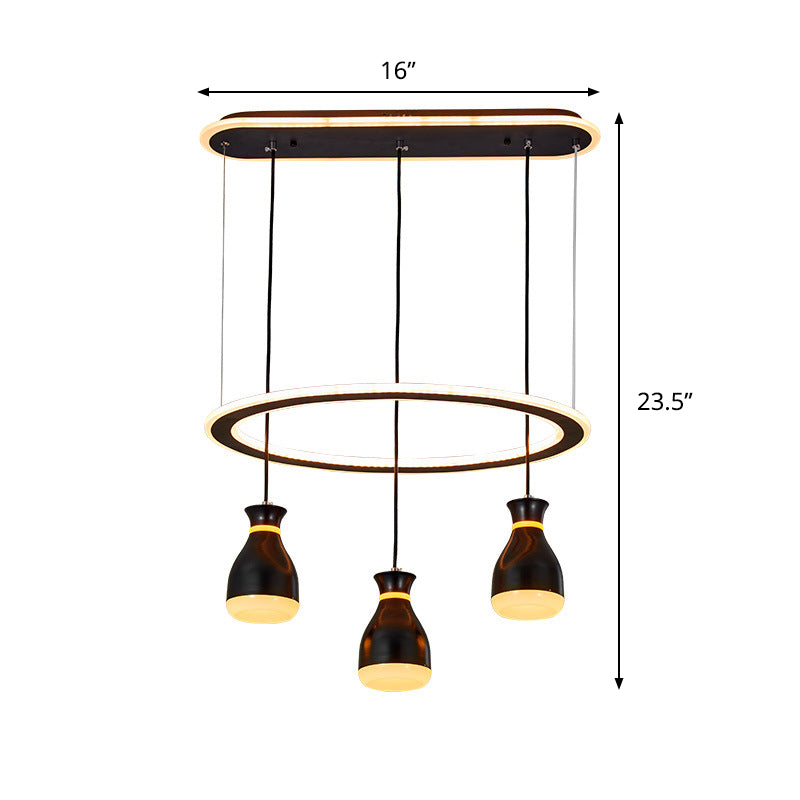 Modernist Wine Jar Led Pendant Light For Dining Room - Black Acrylic 3 Lights Loop Detail
