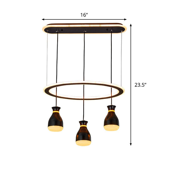 Modernist Wine Jar Led Pendant Light For Dining Room - Black Acrylic 3 Lights Loop Detail