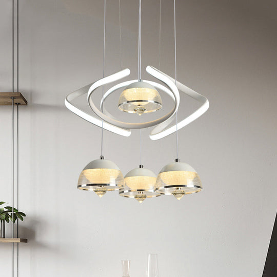 Contemporary White Domed Cluster Pendant: 4-Head Acrylic Waving Led Hanging Light
