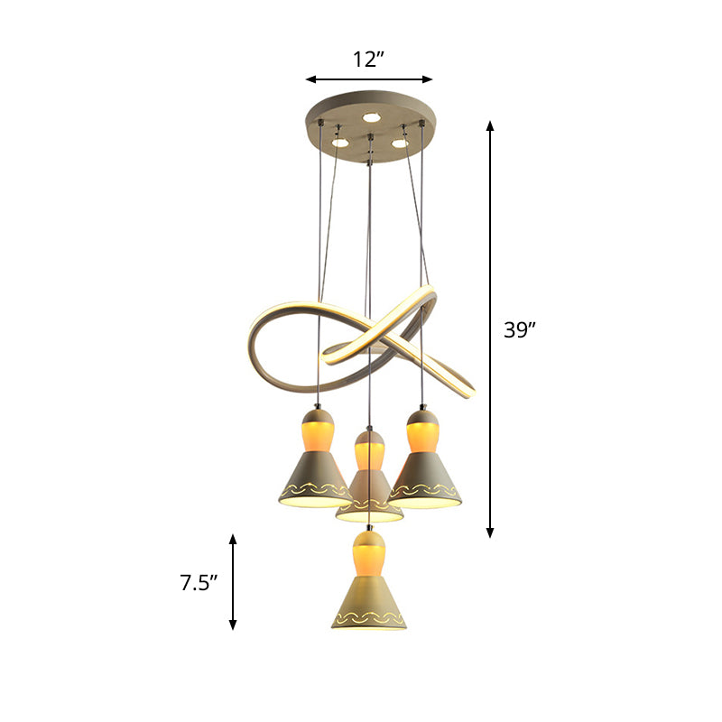 White Acrylic Bell Cluster Pendant Light With Led Strip - Modern 4 Head Suspension Lamp