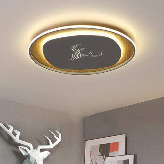 Modern Metal Arc Square Flush Light With Led Black/Grey/Green Ceiling Round Wood Canopy - 16/19.5