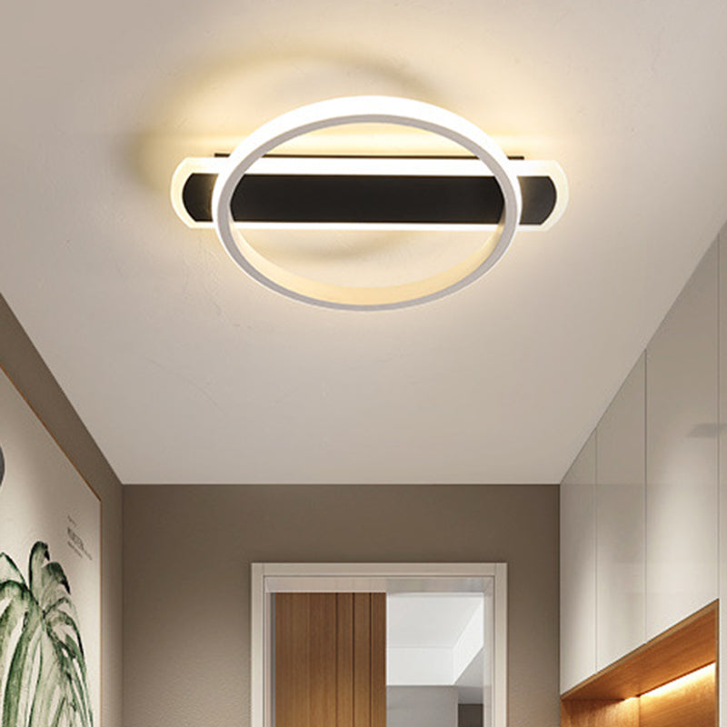 Led Acrylic Flush Ceiling Lamp - White/Black Ring Lighting With Arc Rectangle Canopy In Warm/White
