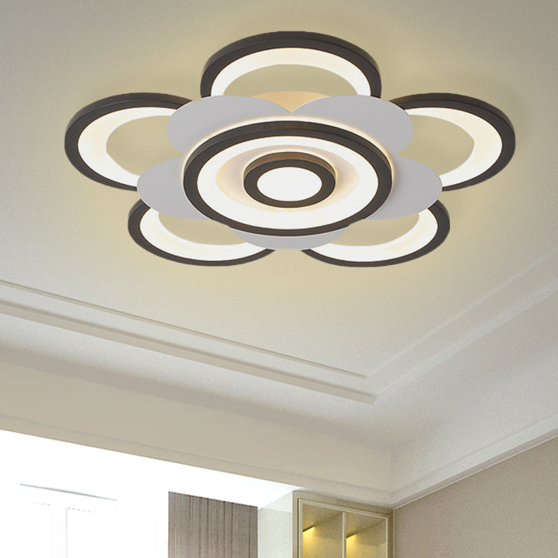 Contemporary White & Black Flower Flushmount Led Ceiling Light In White/Warm - 20.5’/24.5’ W