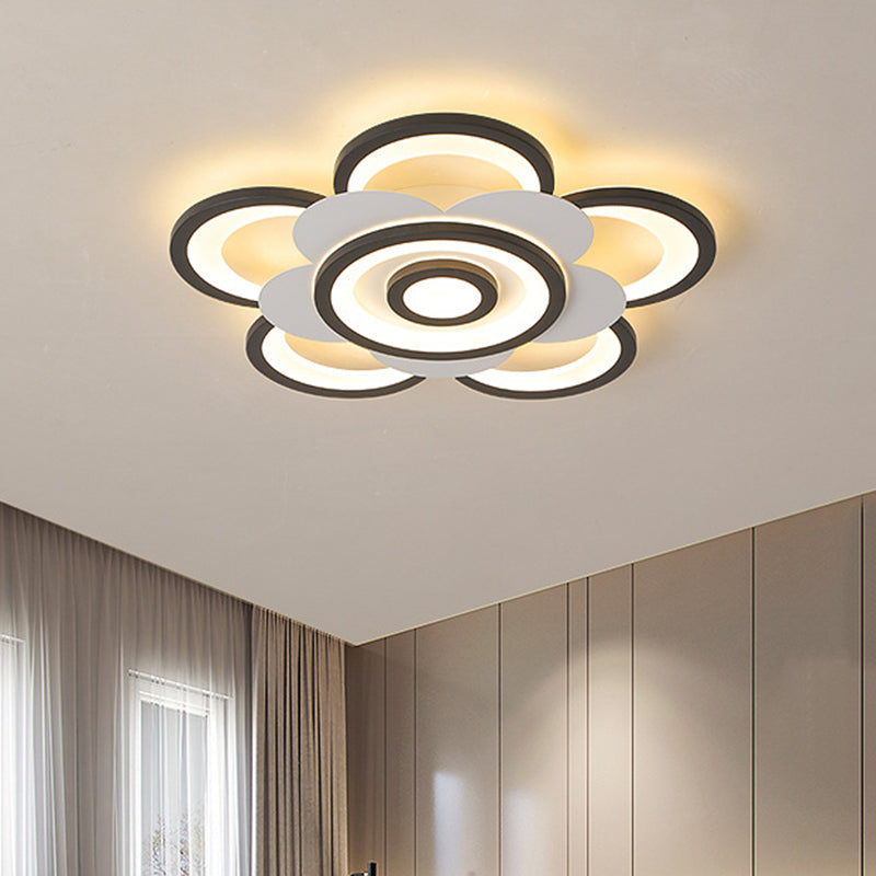 Contemporary White & Black Flower Flushmount Led Ceiling Light In White/Warm - 20.5’/24.5’ W