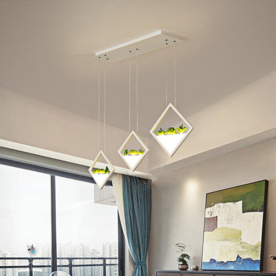 Modern White Led Acrylic Pendant Lamp With Plant Deco - Warm/White Light