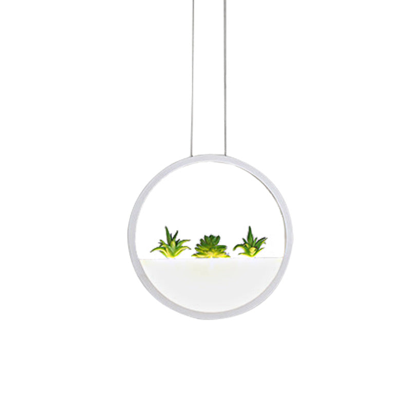 Modernist 11/14 White Led Pendant Lamp With Plant Decor - Circular Bedside Ceiling Light