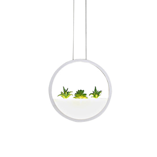 Modernist 11/14 White Led Pendant Lamp With Plant Decor - Circular Bedside Ceiling Light