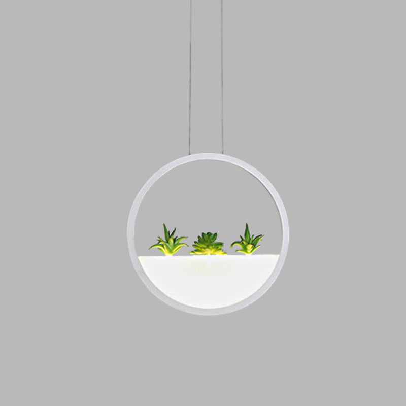Modernist 11/14 White Led Pendant Lamp With Plant Decor - Circular Bedside Ceiling Light