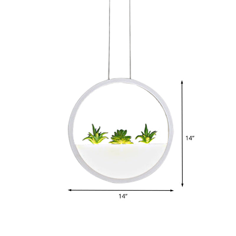 Modernist 11/14 White Led Pendant Lamp With Plant Decor - Circular Bedside Ceiling Light