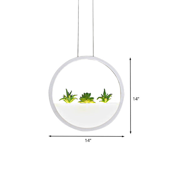 Modernist 11/14 White Led Pendant Lamp With Plant Decor - Circular Bedside Ceiling Light