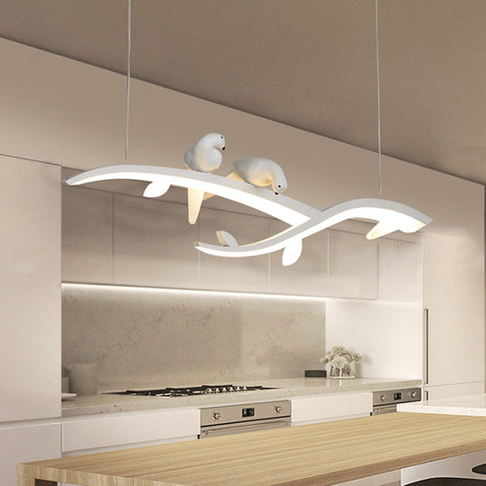 Modern Branch Hanging Pendant Lamp With Acrylic Led White Finish And Bird Deco Warm/White Light -