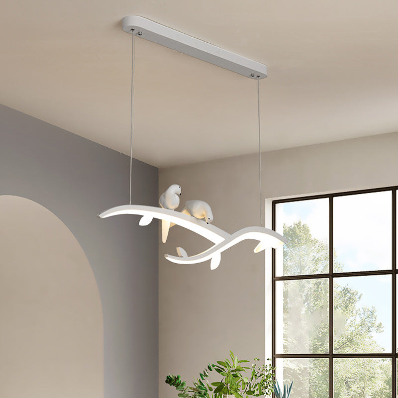 Modern Branch Hanging Pendant Lamp With Acrylic Led White Finish And Bird Deco Warm/White Light -