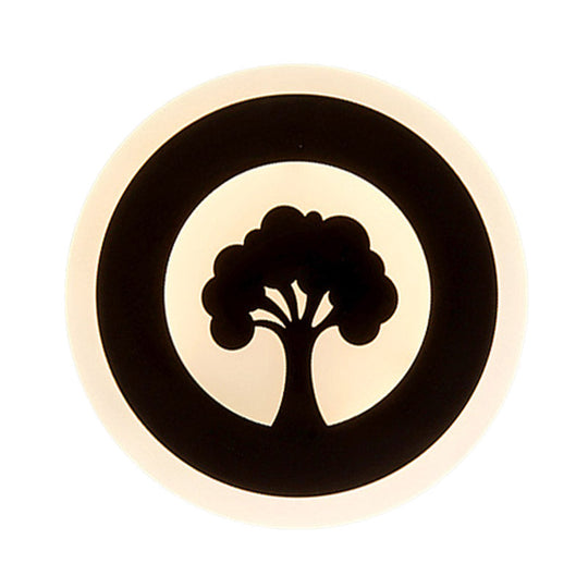 Black Acrylic Round Led Flush Wall Sconce With Tree Pattern - Modern And Elegant