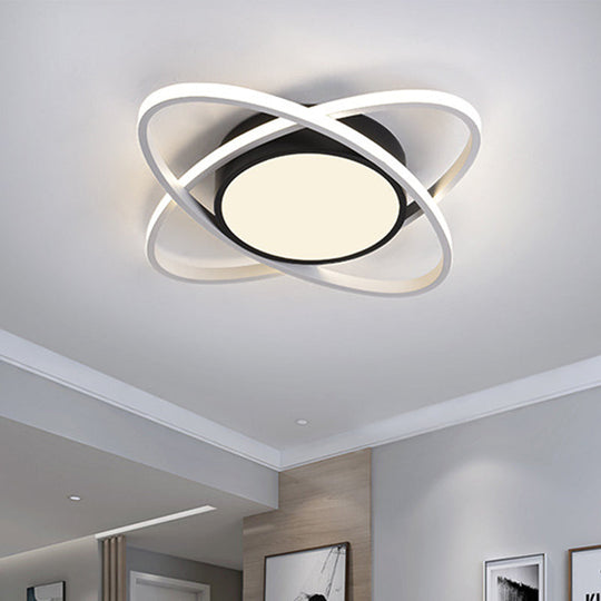 Modern Drum Flush Mount Lighting: Acrylic Led Fixture In Black/White With Cross Ring 20.5’/28’