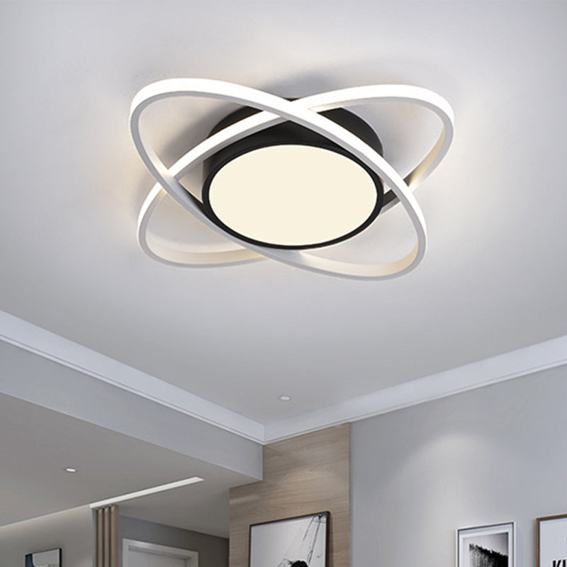 Modern Drum Flush Mount Lighting: Acrylic Led Fixture In Black/White With Cross Ring 20.5/28 Width