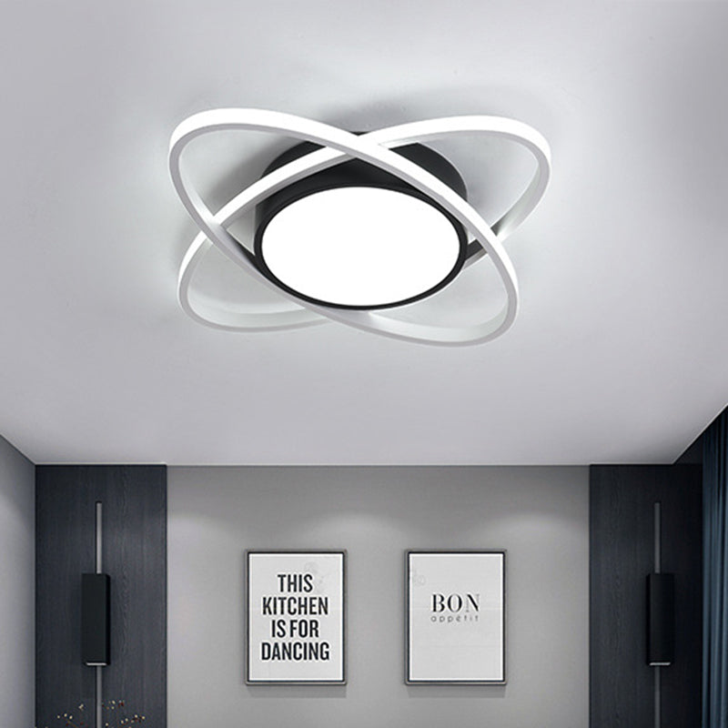 Modern Drum Flush Mount Lighting: Acrylic Led Fixture In Black/White With Cross Ring 20.5’/28’ Width