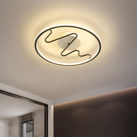 Black Acrylic Led Bedroom Flush Mount Lamp With Modern Ring And Spiral Line Design