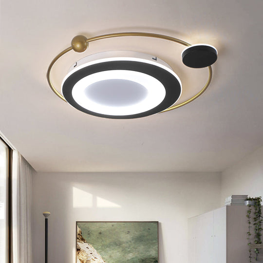 Modern Round Bedroom Flush Mount Light Fixture - 16.5’/20.5’ Metal Ceiling In Black/Gold Led