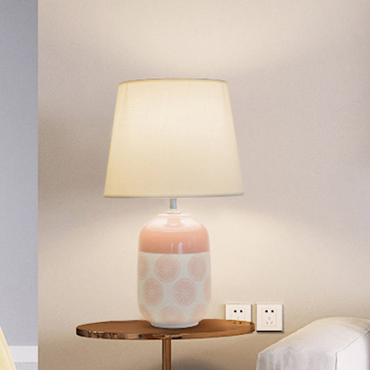Ceramic Tapered Table Lamp - Minimalist Design In White/Pink Finish With Fabric Shade Ideal Night