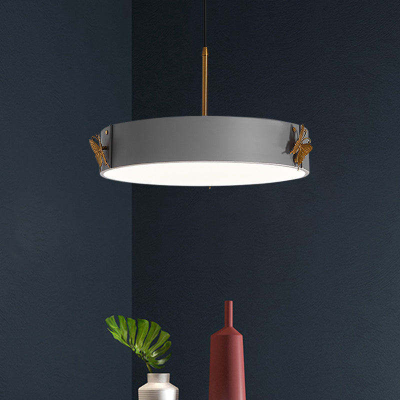 Minimalist Acrylic Led Drum Pendant Lamp With Grey Finish - Stylish Hanging Light Fixture Butterfly