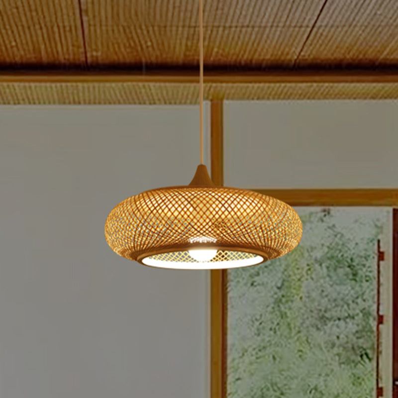 Modern Round Bamboo Pendant Lamp - Beige 1 Head Ceiling Light For Tea Room