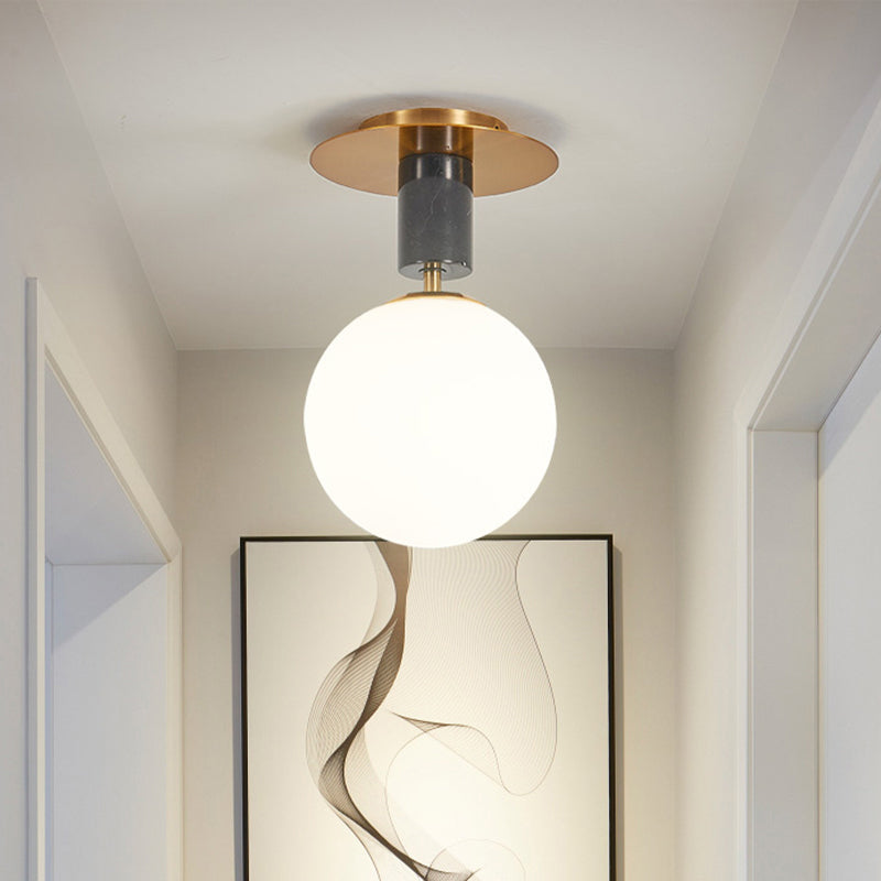 Minimalist Frosted Glass Spherical Flush Mount Lighting In Gold - Bedroom Ceiling Fixture