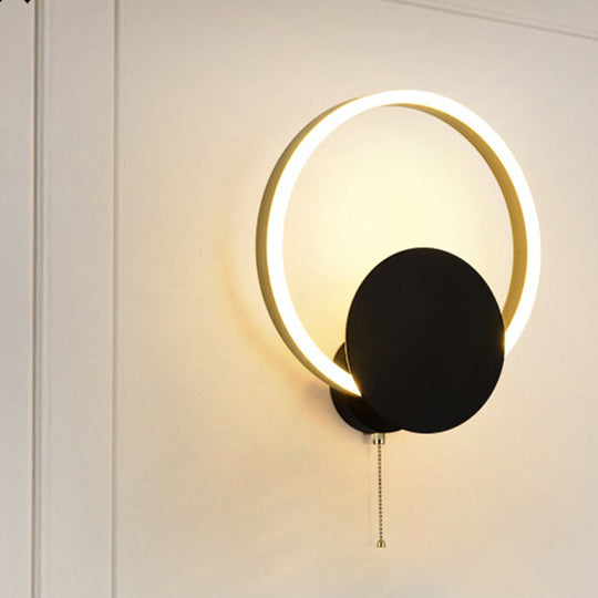 Minimal Acrylic Led Bedroom Sconce: Circular Wall Mount Light In Black With Pull Chain