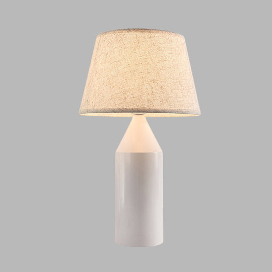 Modern 1-Head White Fabric Reading Lamp For Bedroom - Pencil Metallic Night Table Light