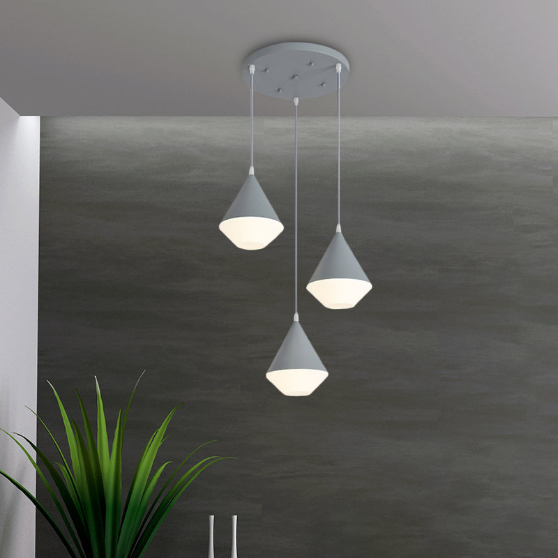 Modern Acrylic Cone Cluster Pendant Light Coffee House Hanging Lamp In White/Grey - 3 Heads Kit