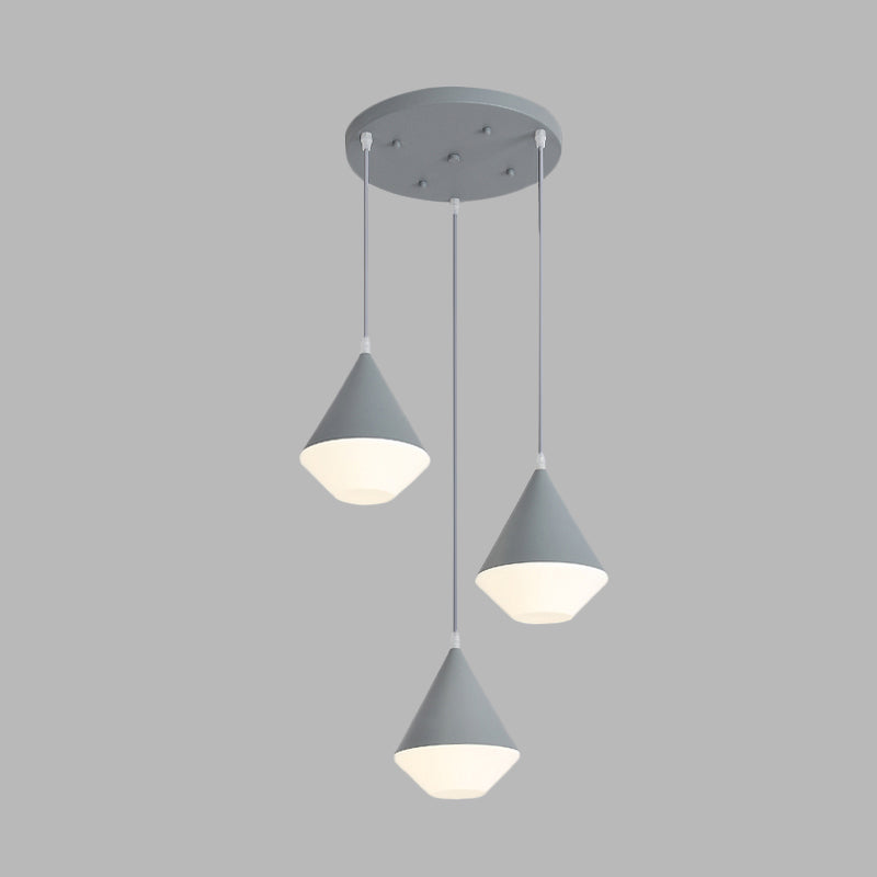 Modern Acrylic Cone Cluster Pendant Light Coffee House Hanging Lamp In White/Grey - 3 Heads Kit