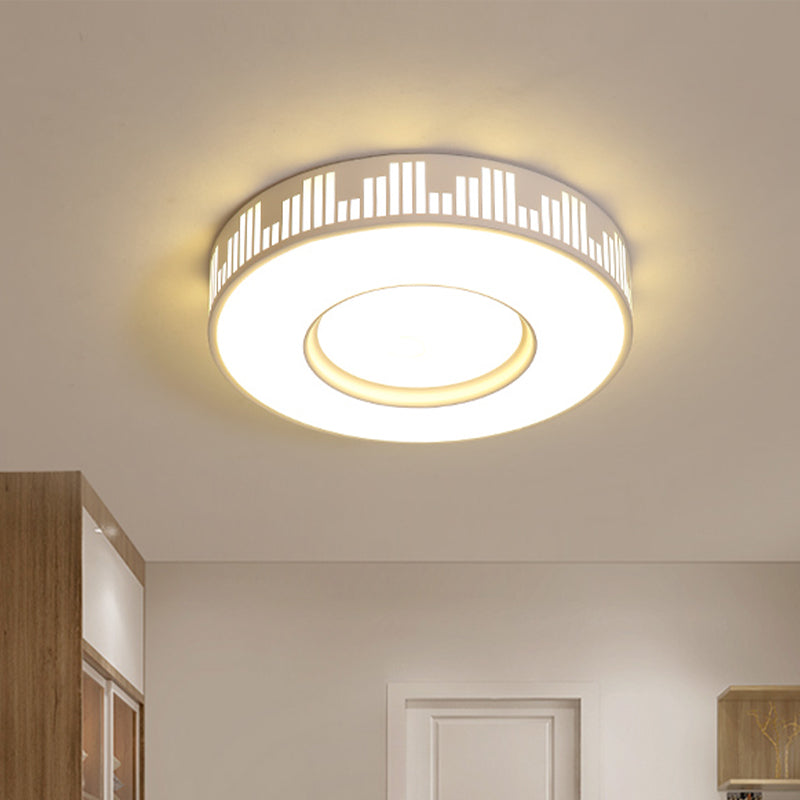 Modern Led Iron Flush Light Fixture - White Drum Ceiling Mount With Piano Key Pattern In