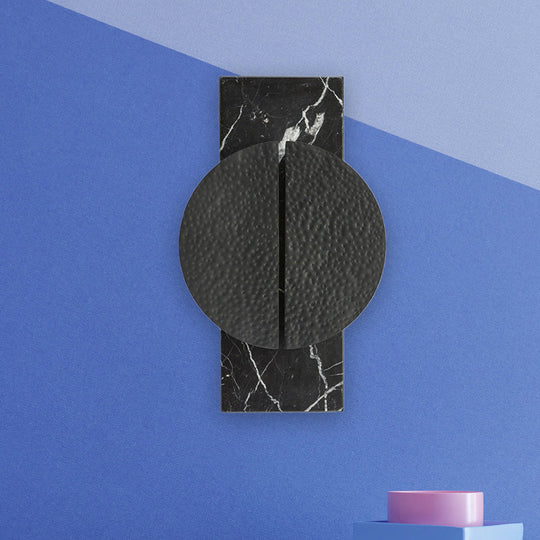 Minimalist Metallic Circle Wall Lamp With Led Sconce - Black/White Rectangle Marble Backplate