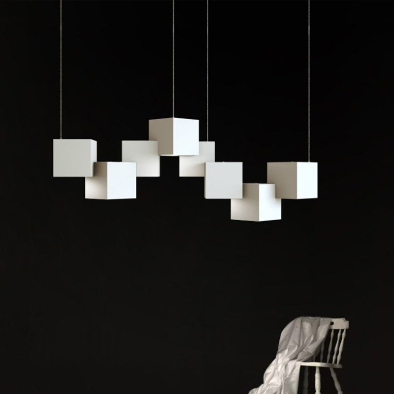 Modernist Cube Ceiling Light - 8-Light Metal Led Pendant Lamp Black/White Spliced White/Warm